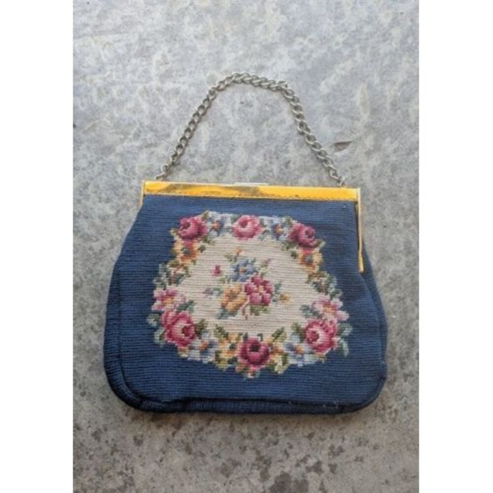 Vtg. MCM Needlepoint Floral Wool Tapestry PURSE HANDBAG Handmade